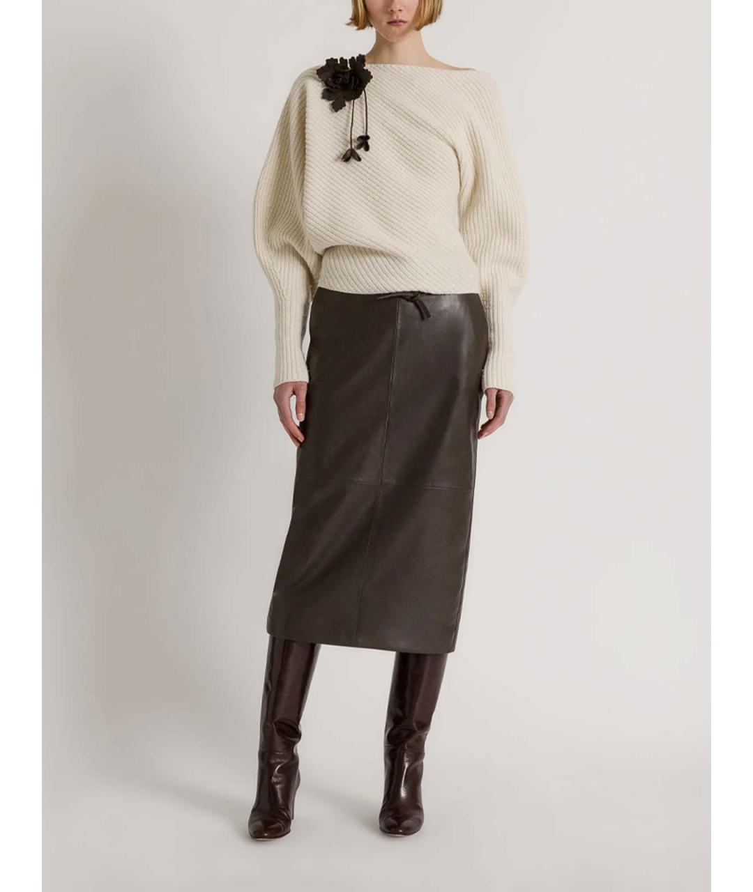 ALBERTA FERRETTI Коричневая кожаная юбка миди, фото 3