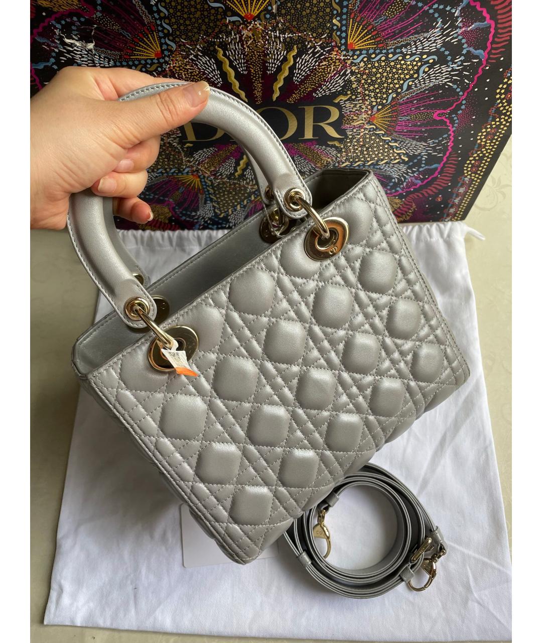 CHRISTIAN DIOR Серая кожаная сумка с короткими ручками, фото 3