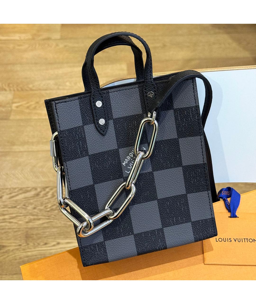 LOUIS VUITTON Антрацитовая кожаная сумка тоут, фото 6