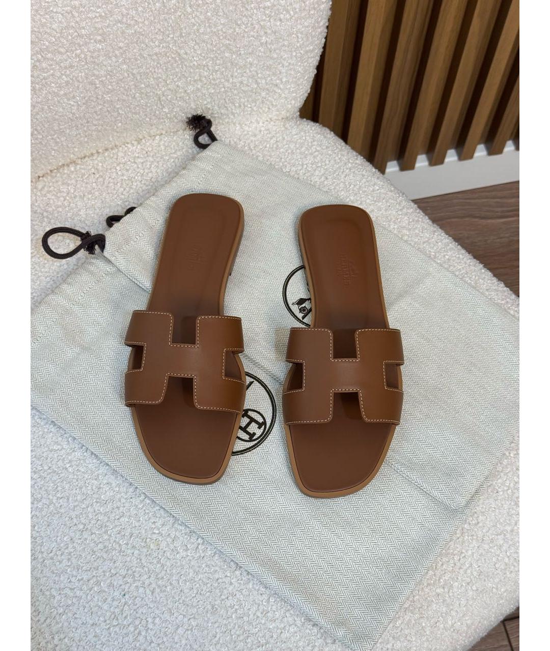 HERMES Коричневые кожаные шлепанцы, фото 3