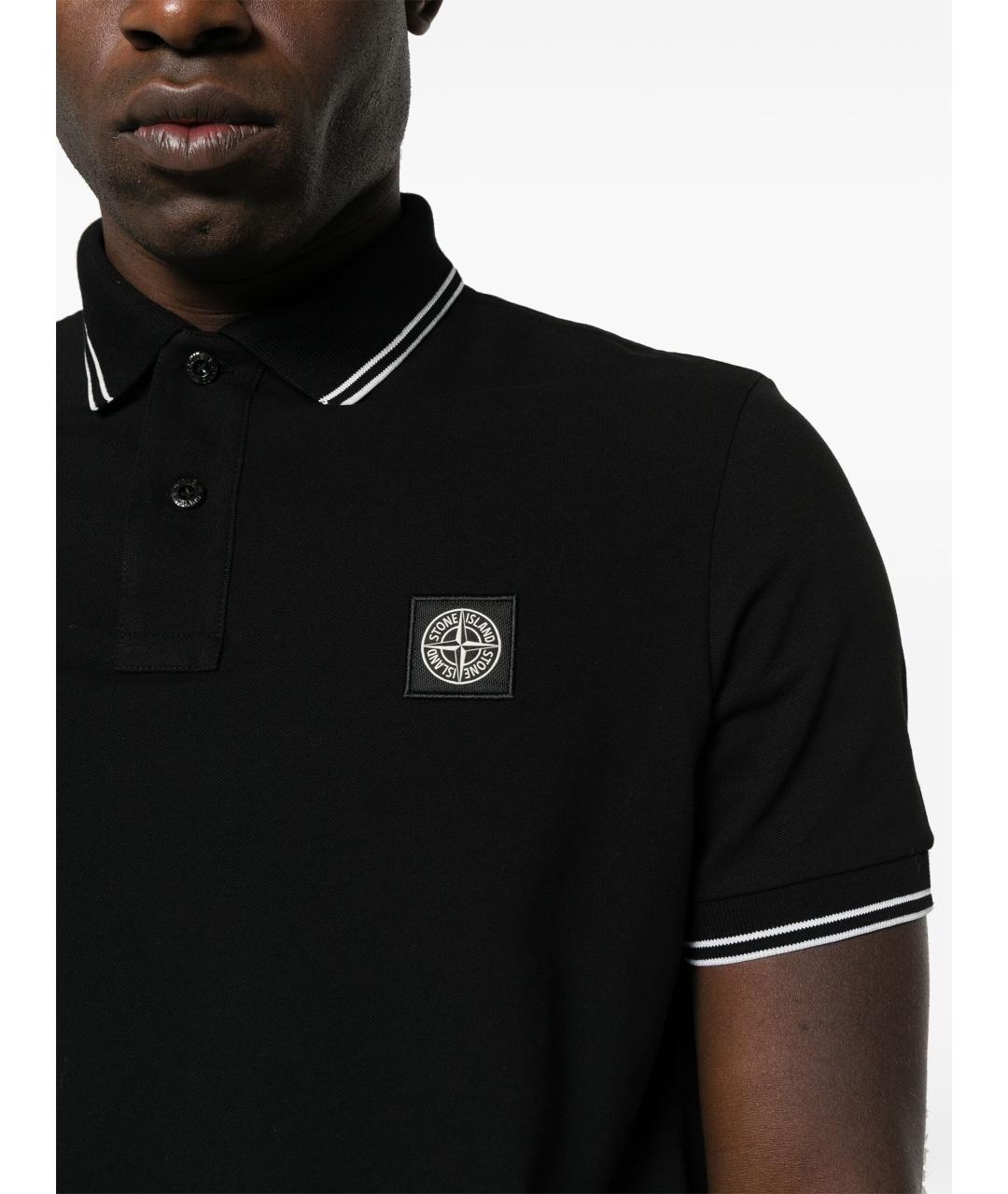 STONE ISLAND Черное хлопковое поло с коротким рукавом, фото 2