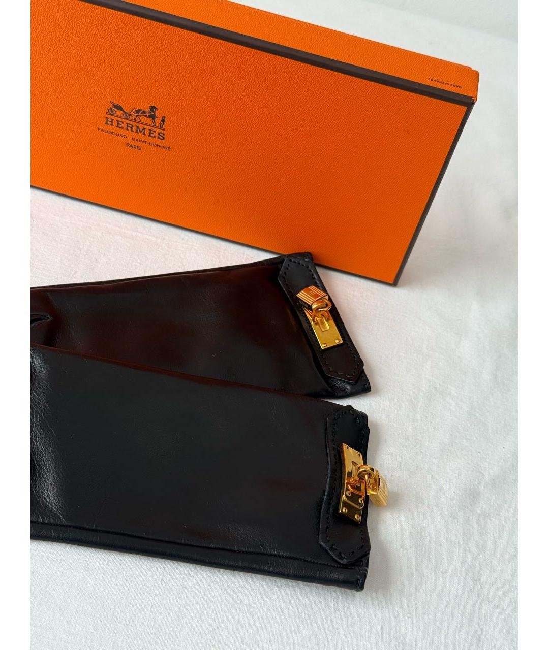 HERMES Черные кожаные перчатки, фото 3