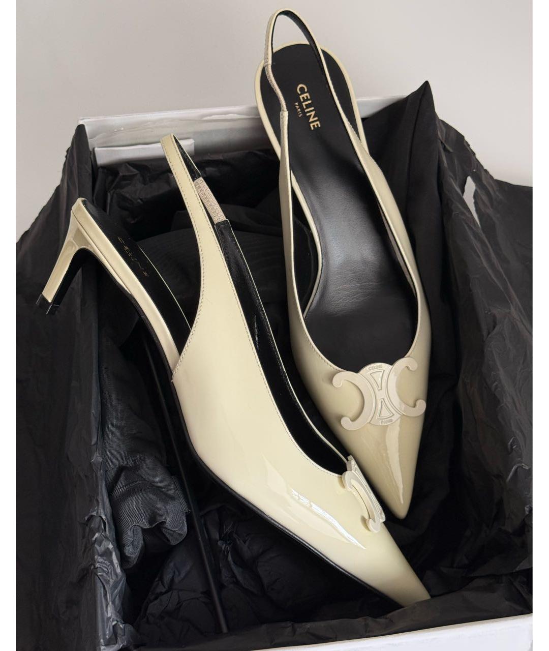 CELINE Бежевые кожаные лодочки на низком каблуке, фото 6