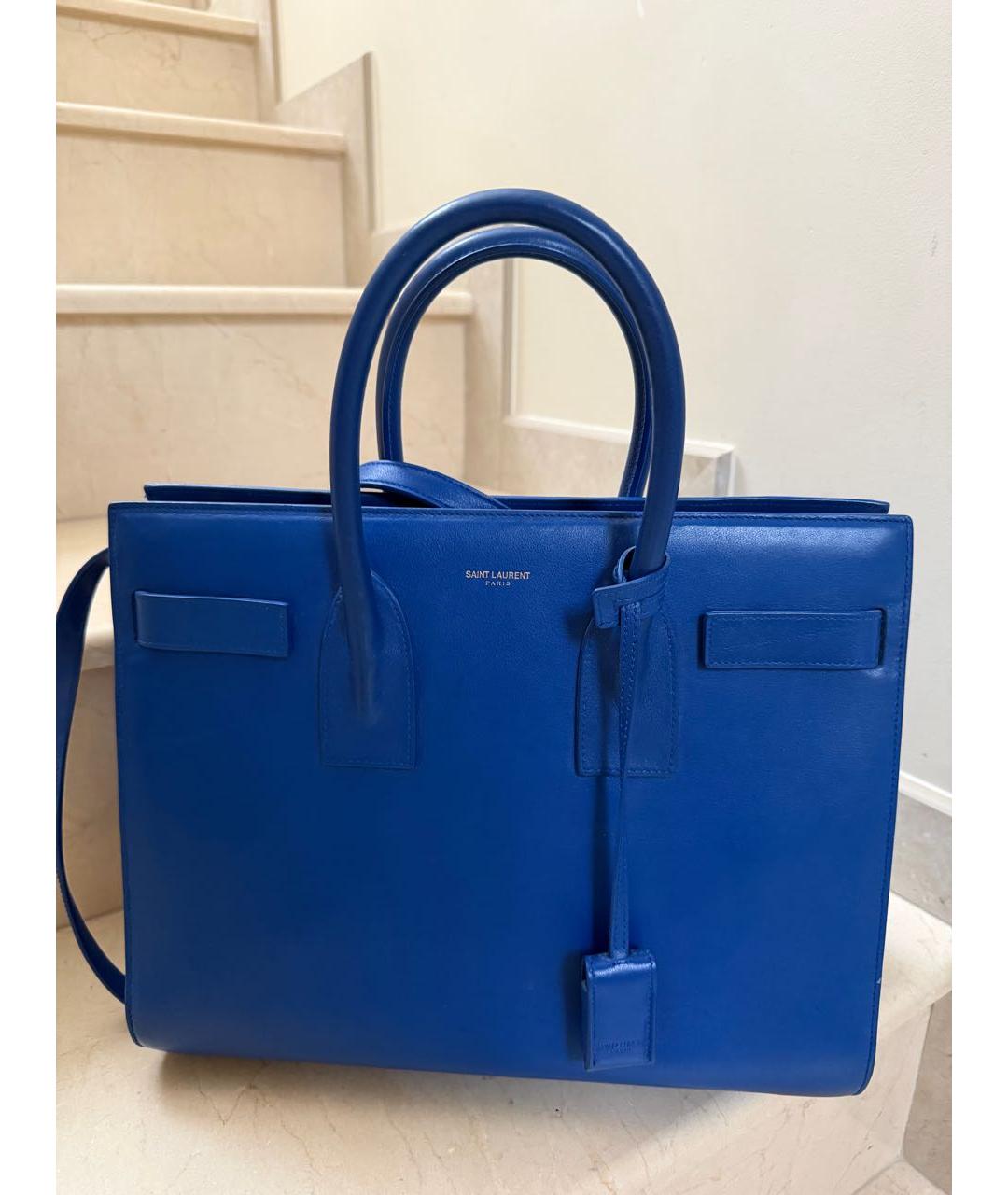 SAINT LAURENT Синяя кожаная сумка с короткими ручками, фото 5
