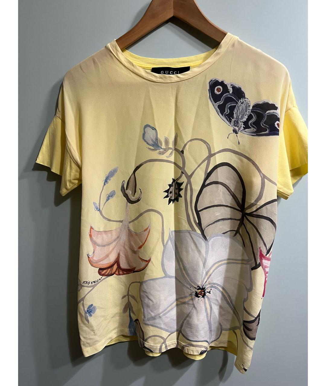 GUCCI Желтая шелковая футболка, фото 5
