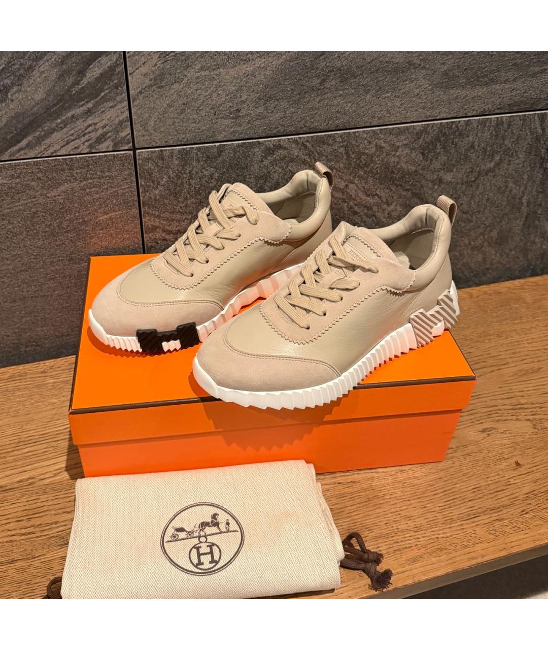 HERMES Бежевые кожаные кроссовки, фото 3