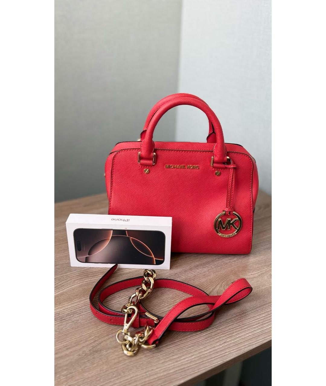 MICHAEL KORS Коралловая кожаная сумка с короткими ручками, фото 4