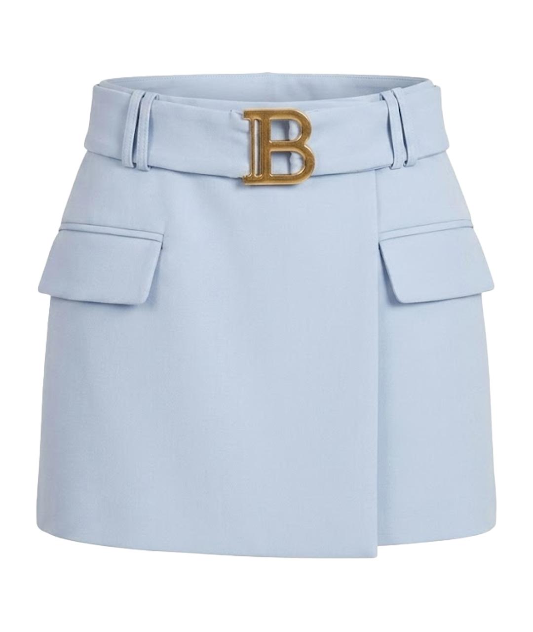 BALMAIN Голубая шерстяная юбка мини, фото 1