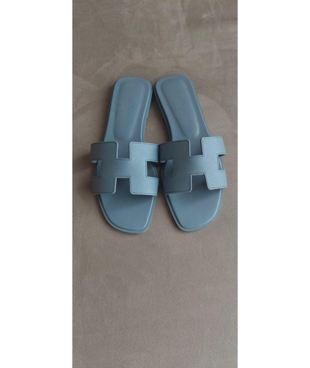 HERMES Голубые кожаные шлепанцы, фото 5