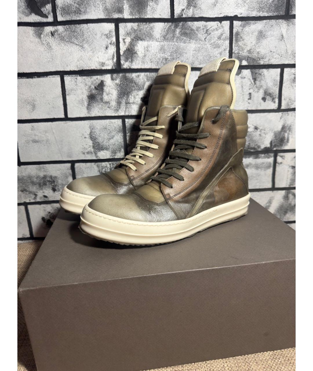 RICK OWENS Зеленые кожаные высокие кроссовки / кеды, фото 2