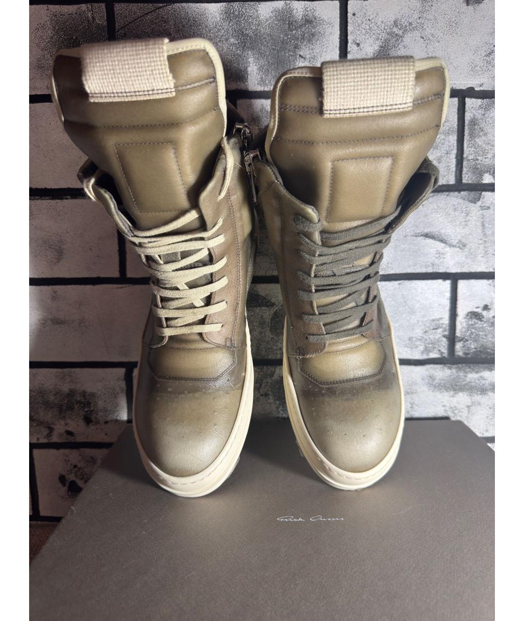 RICK OWENS Зеленые кожаные высокие кроссовки / кеды, фото 3