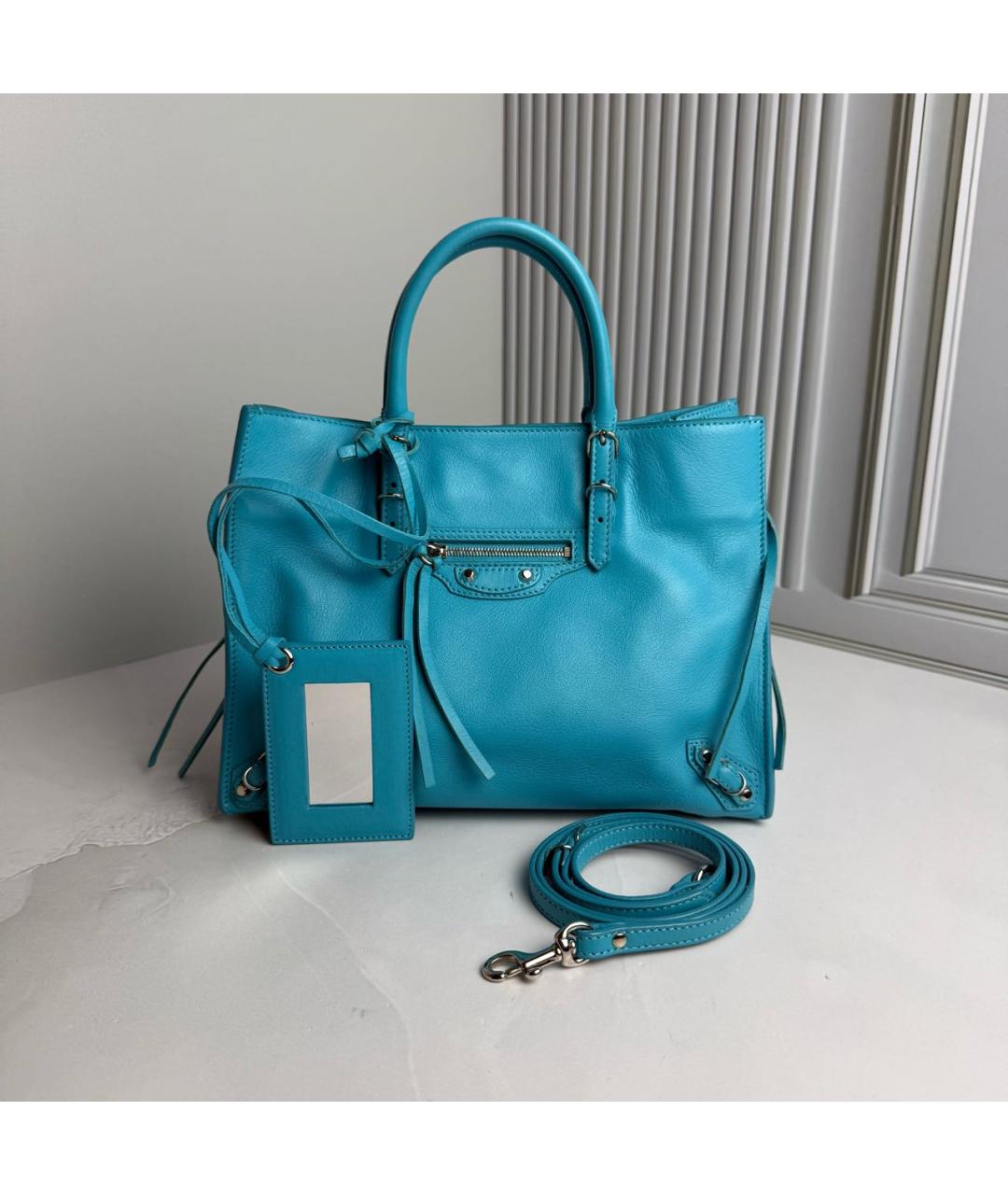 BALENCIAGA Голубая кожаная сумка тоут, фото 9