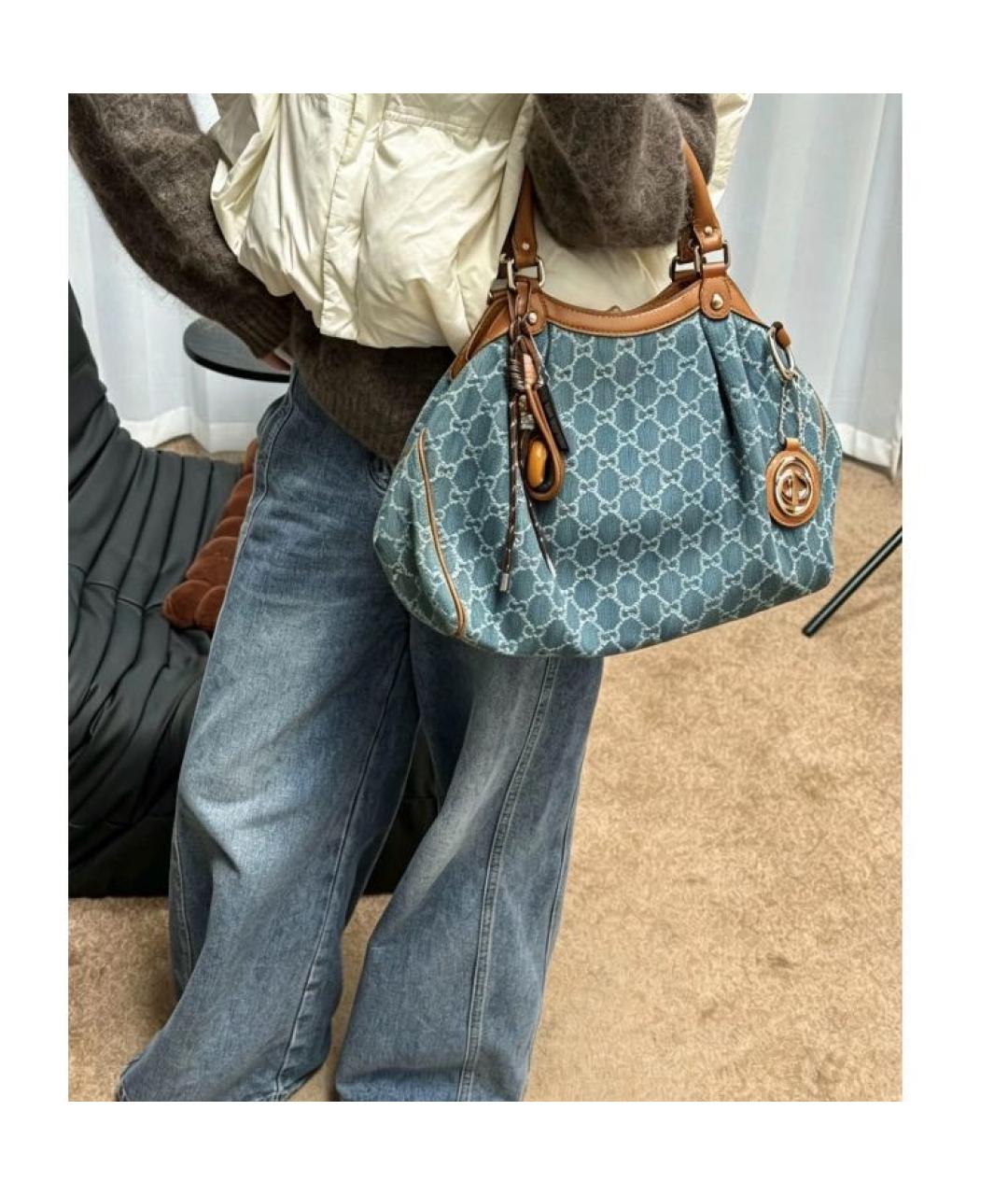 GUCCI Голубая тканевая сумка тоут, фото 8