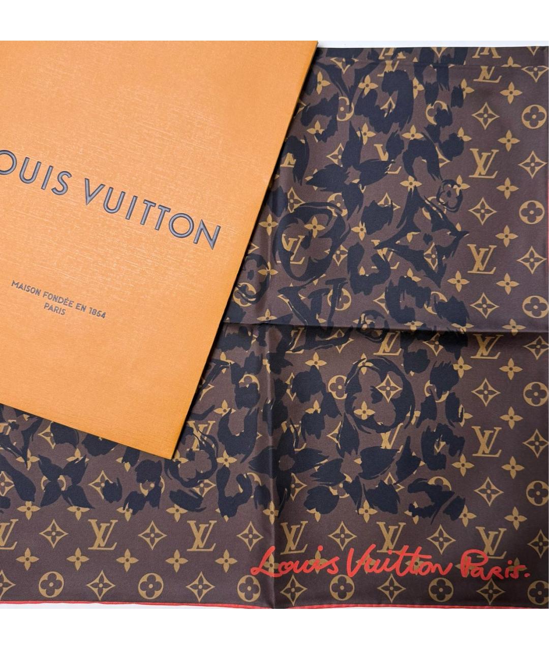 LOUIS VUITTON Коричневый шелковый платок, фото 5