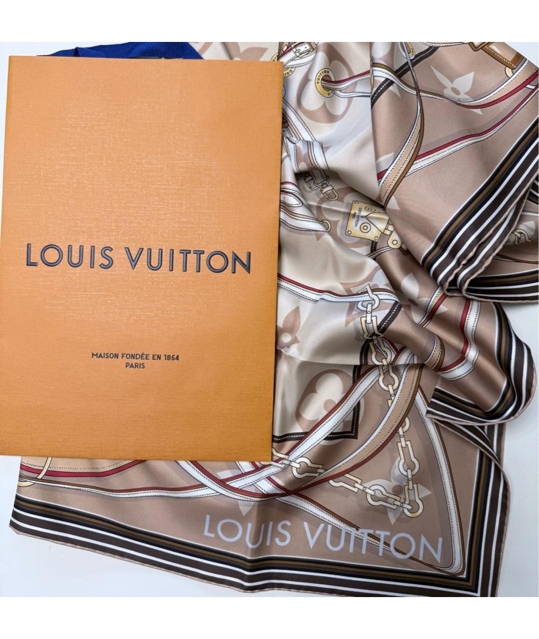 LOUIS VUITTON Бежевый шелковый платок, фото 5