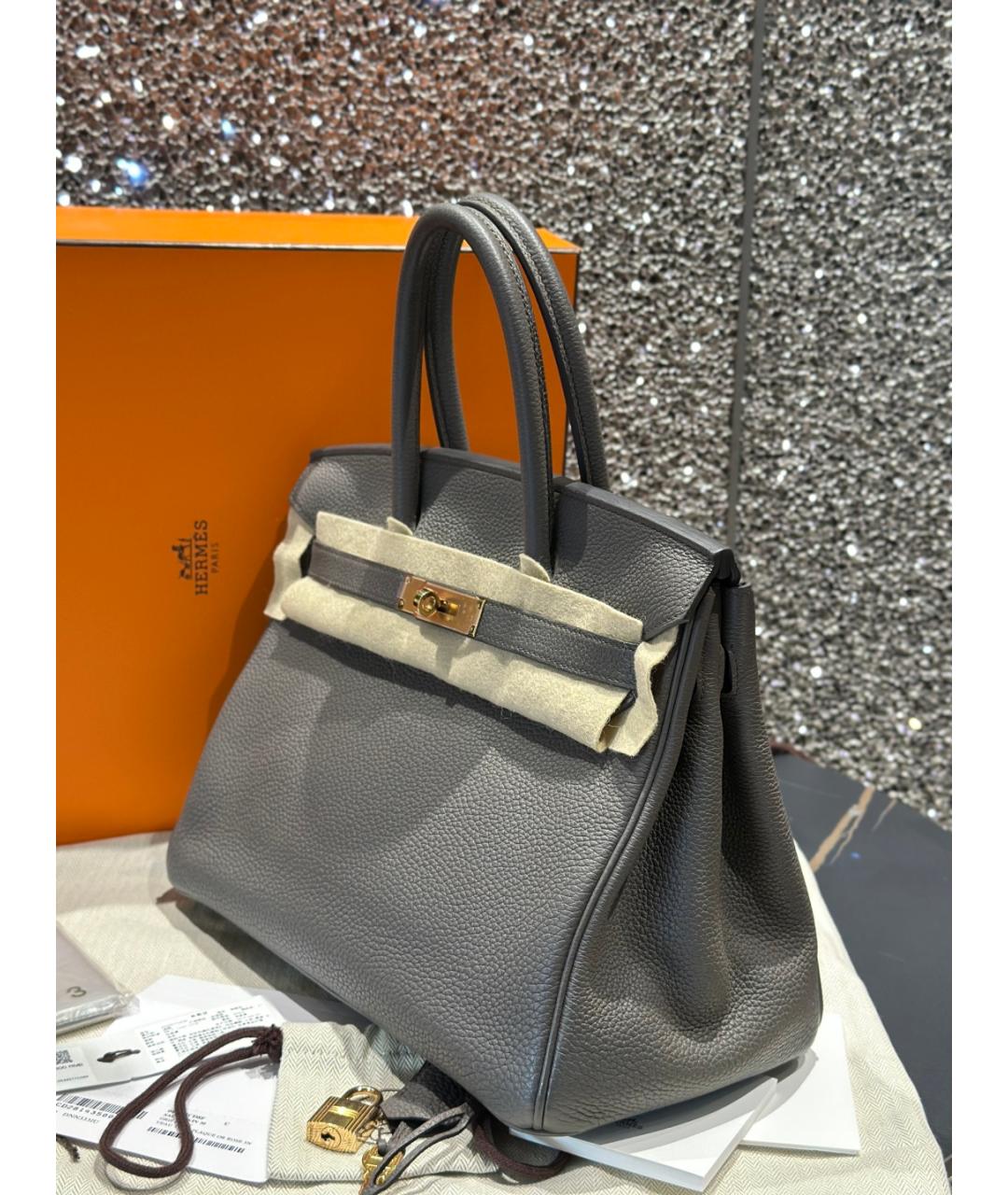 HERMES Серая кожаная сумка с короткими ручками, фото 4