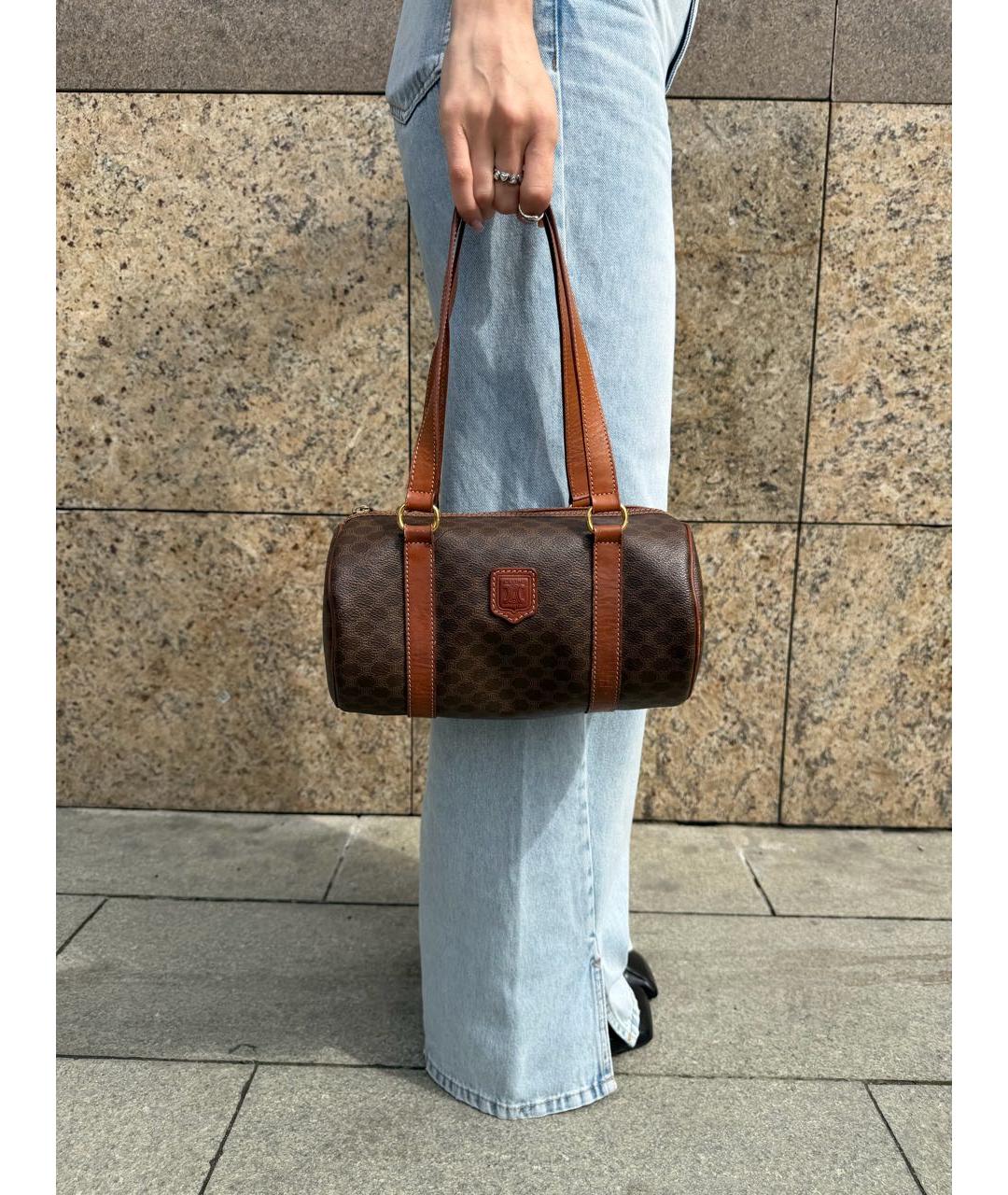 CELINE Коричневая канва сумка с короткими ручками, фото 3