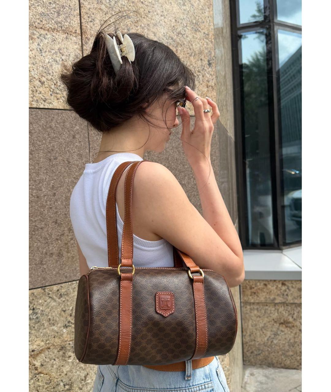 CELINE Коричневая канва сумка с короткими ручками, фото 6