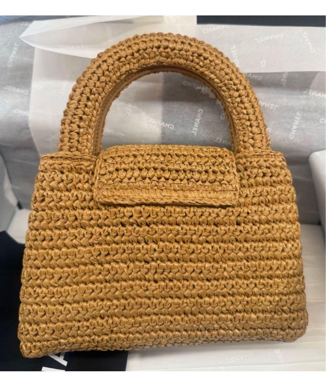 CHANEL Бежевая рафия сумка с короткими ручками, фото 3