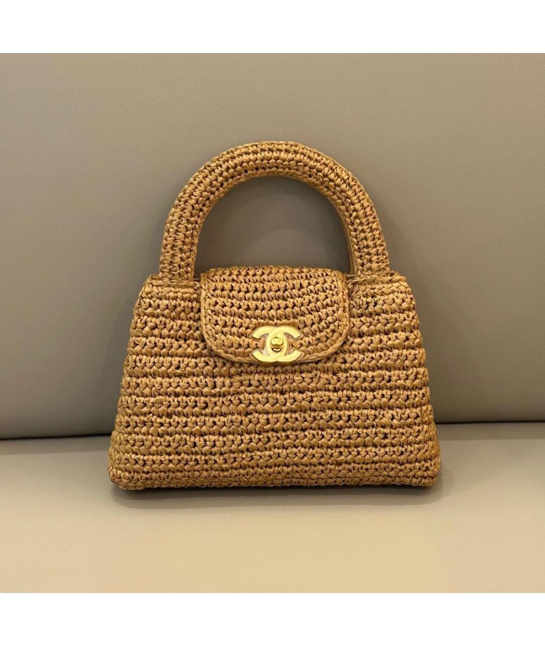CHANEL Бежевая рафия сумка с короткими ручками, фото 6