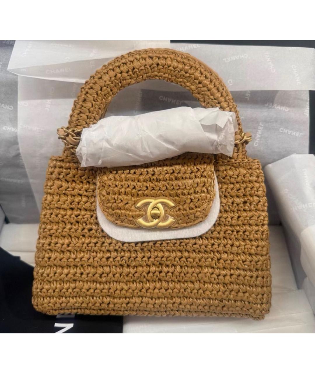 CHANEL Бежевая рафия сумка с короткими ручками, фото 2