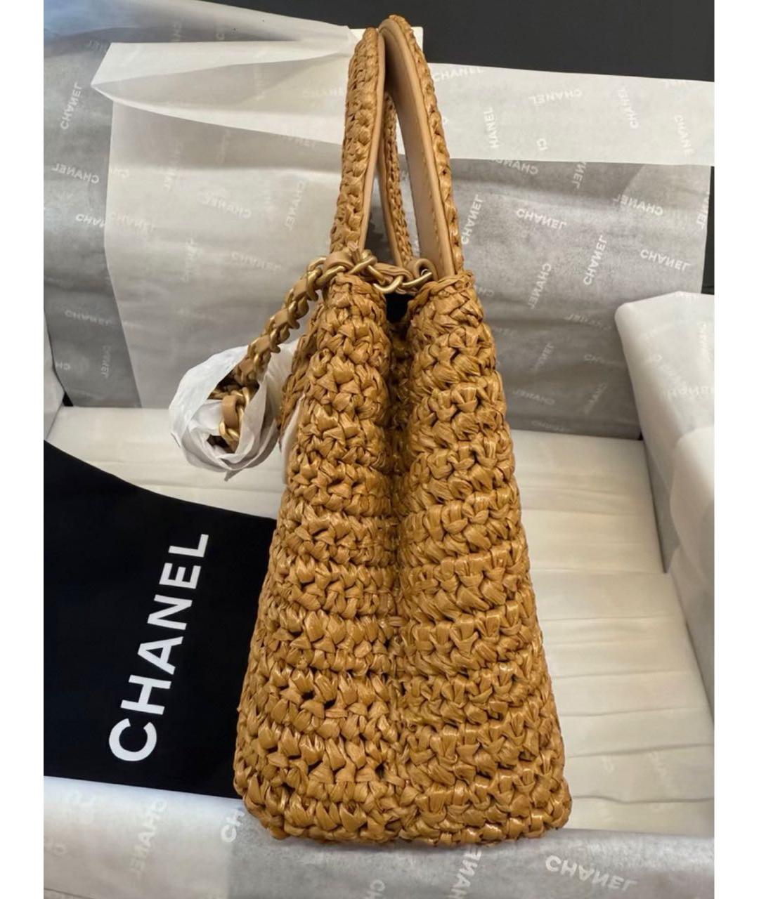 CHANEL Бежевая рафия сумка с короткими ручками, фото 4