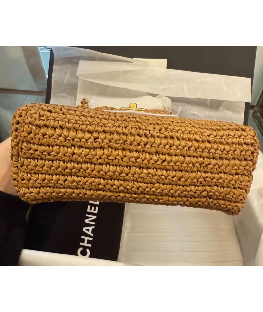CHANEL Бежевая рафия сумка с короткими ручками, фото 5