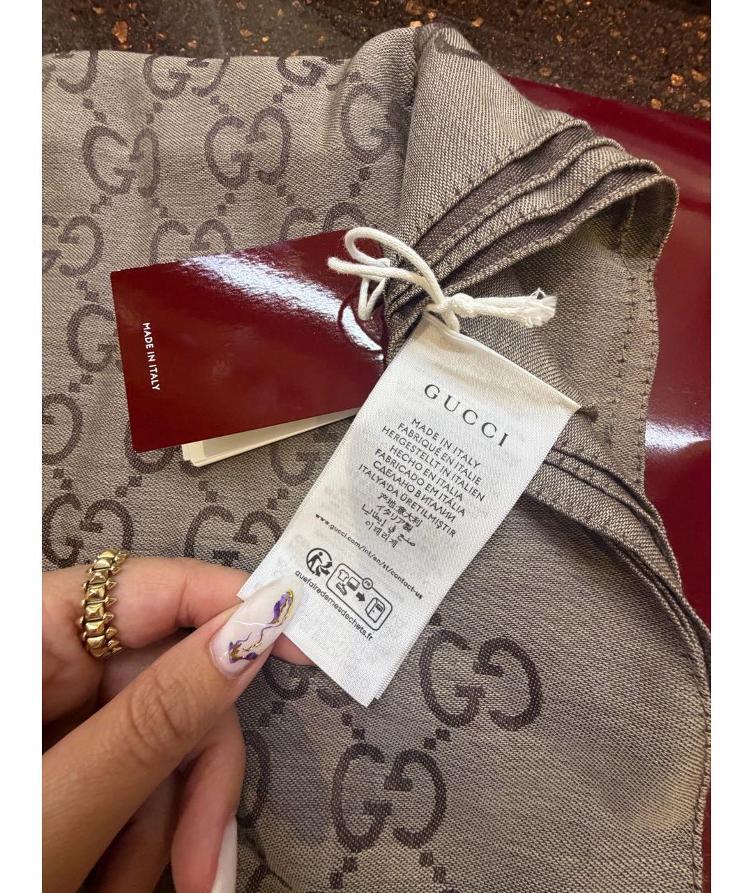 GUCCI Коричневый шелковый шарф, фото 3