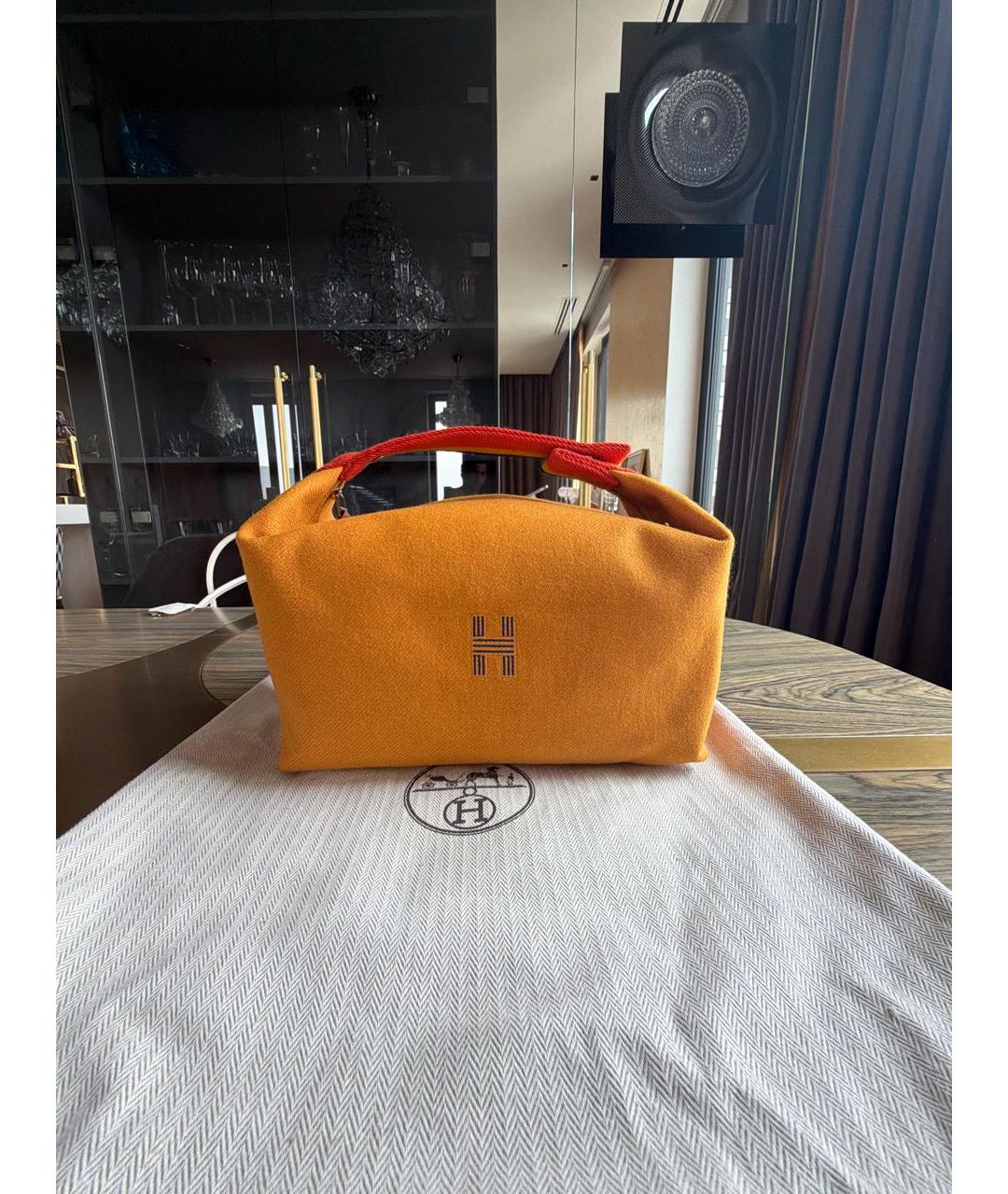 HERMES Горчичная шерстяная косметичка, фото 6