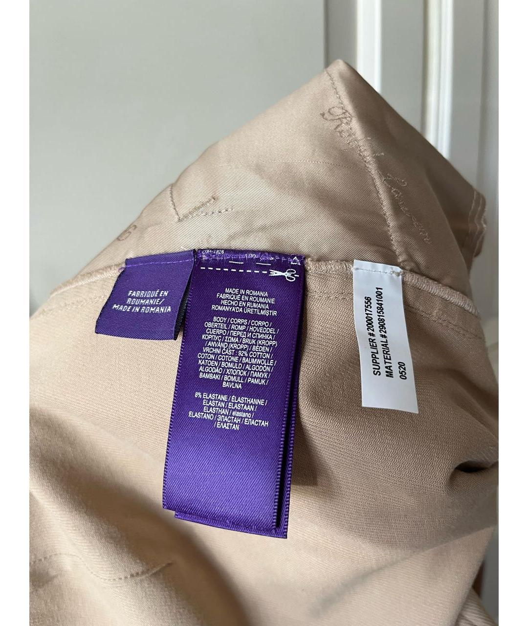 RALPH LAUREN PURPLE LABEL Бежевые хлопко-эластановые брюки узкие, фото 6