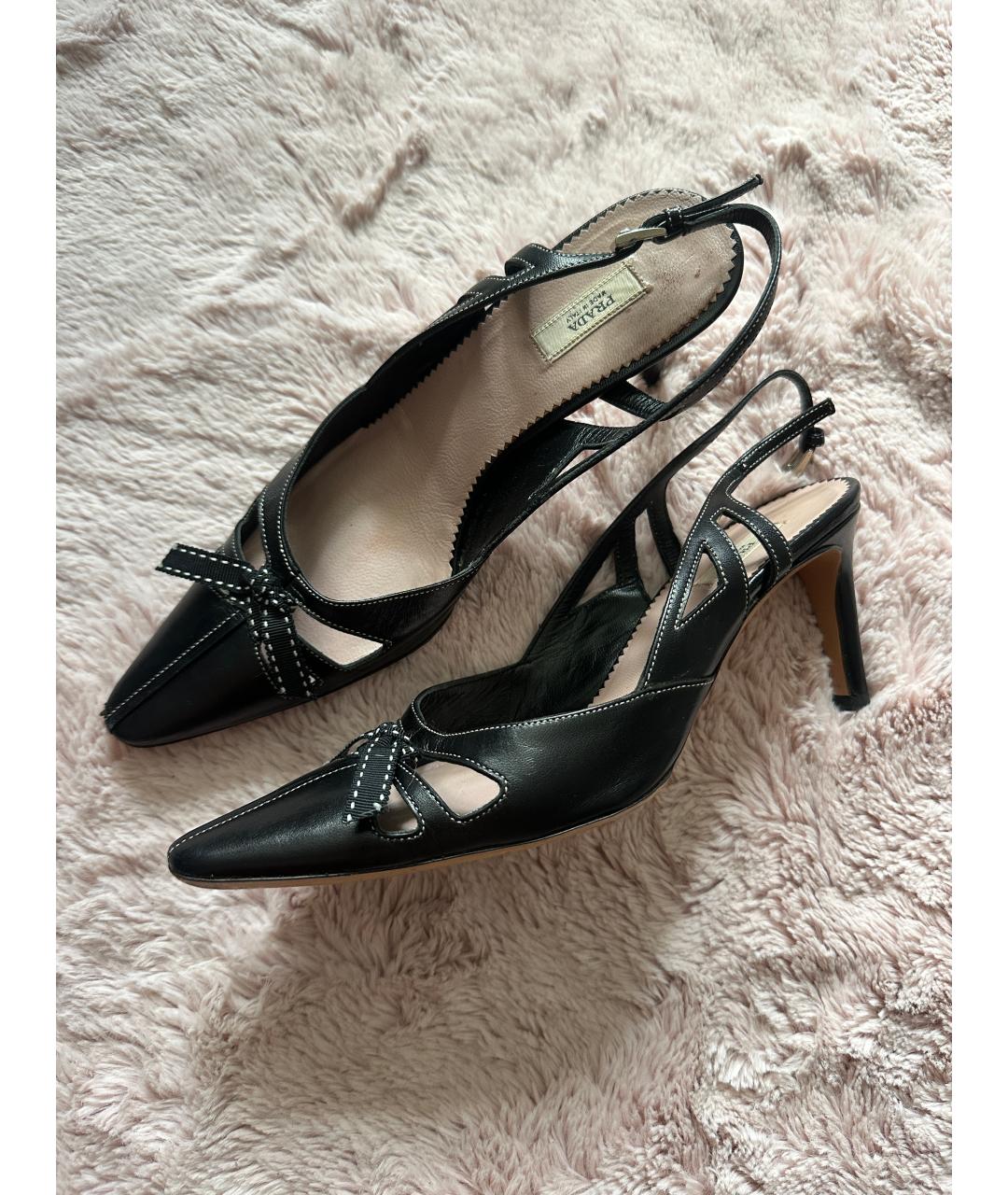 PRADA Черные кожаные лодочки на низком каблуке, фото 5