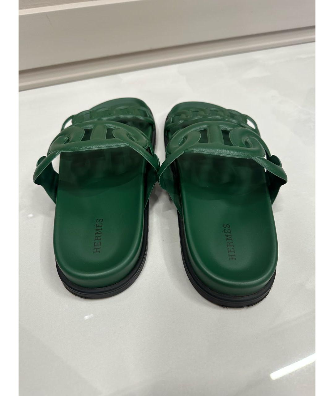 HERMES Зеленые кожаные шлепанцы, фото 6