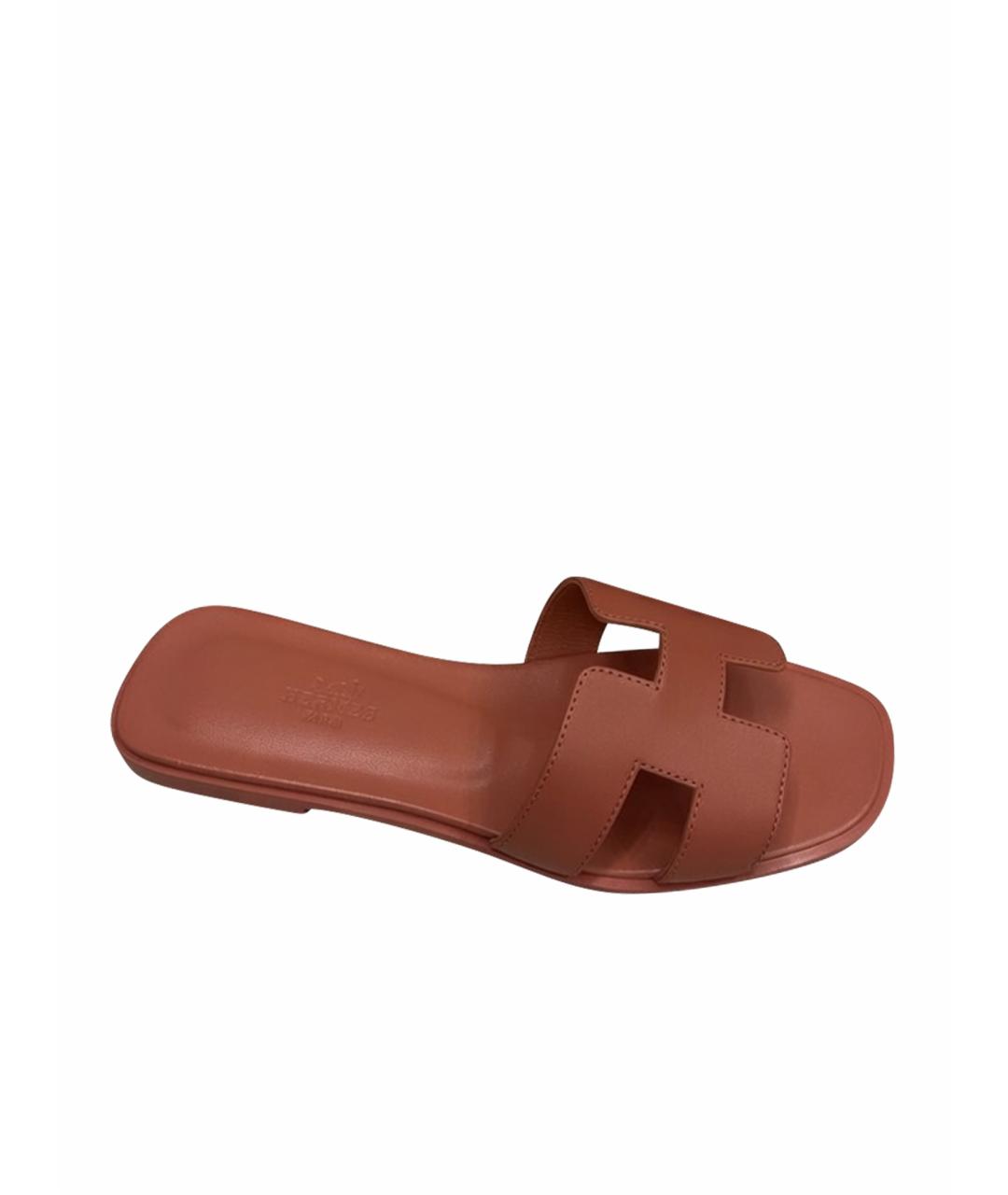 HERMES Коричневые кожаные шлепанцы, фото 1