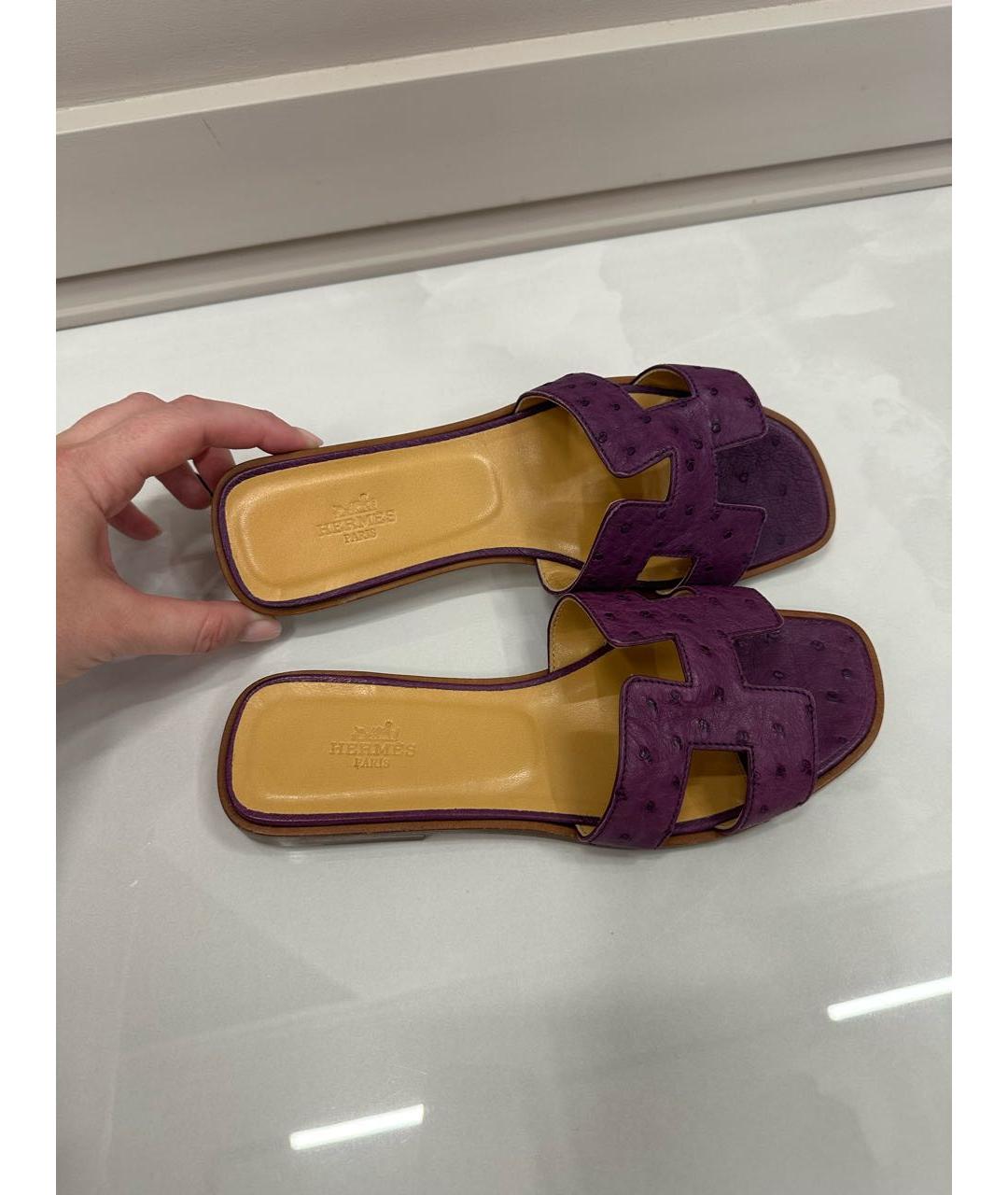 HERMES Фиолетовые шлепанцы из экзотической кожи, фото 4
