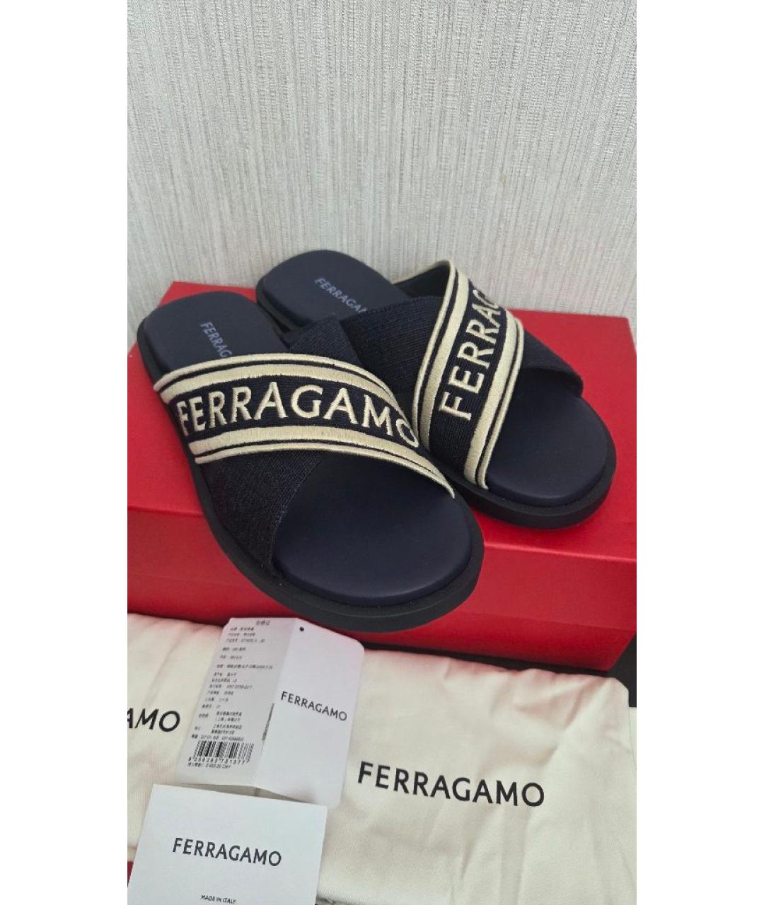 FERRAGAMO Темно-синие кожаные шлепанцы, фото 2