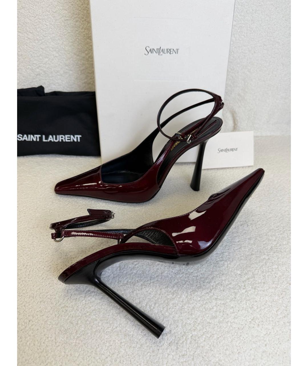 SAINT LAURENT Бордовые босоножки из лакированной кожи, фото 8