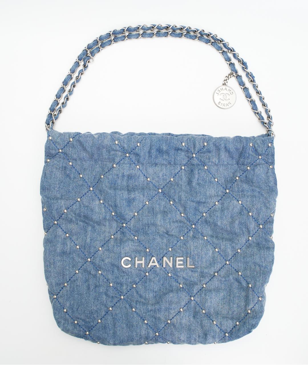 CHANEL Голубая деним сумка с короткими ручками, фото 6