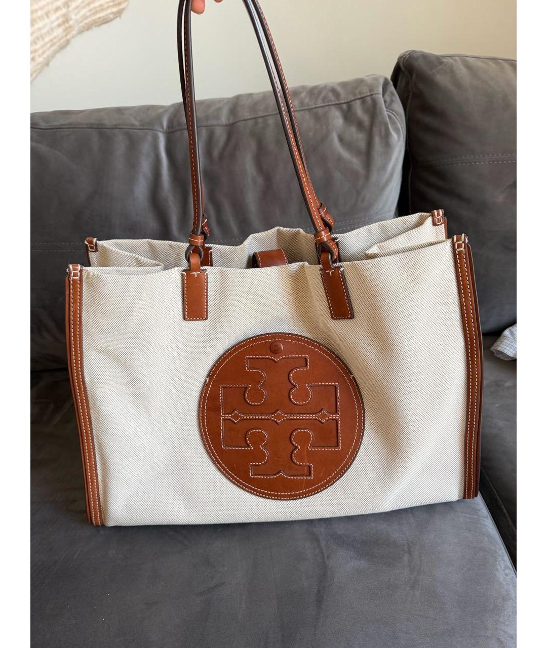 TORY BURCH Бежевая тканевая сумка с короткими ручками, фото 7
