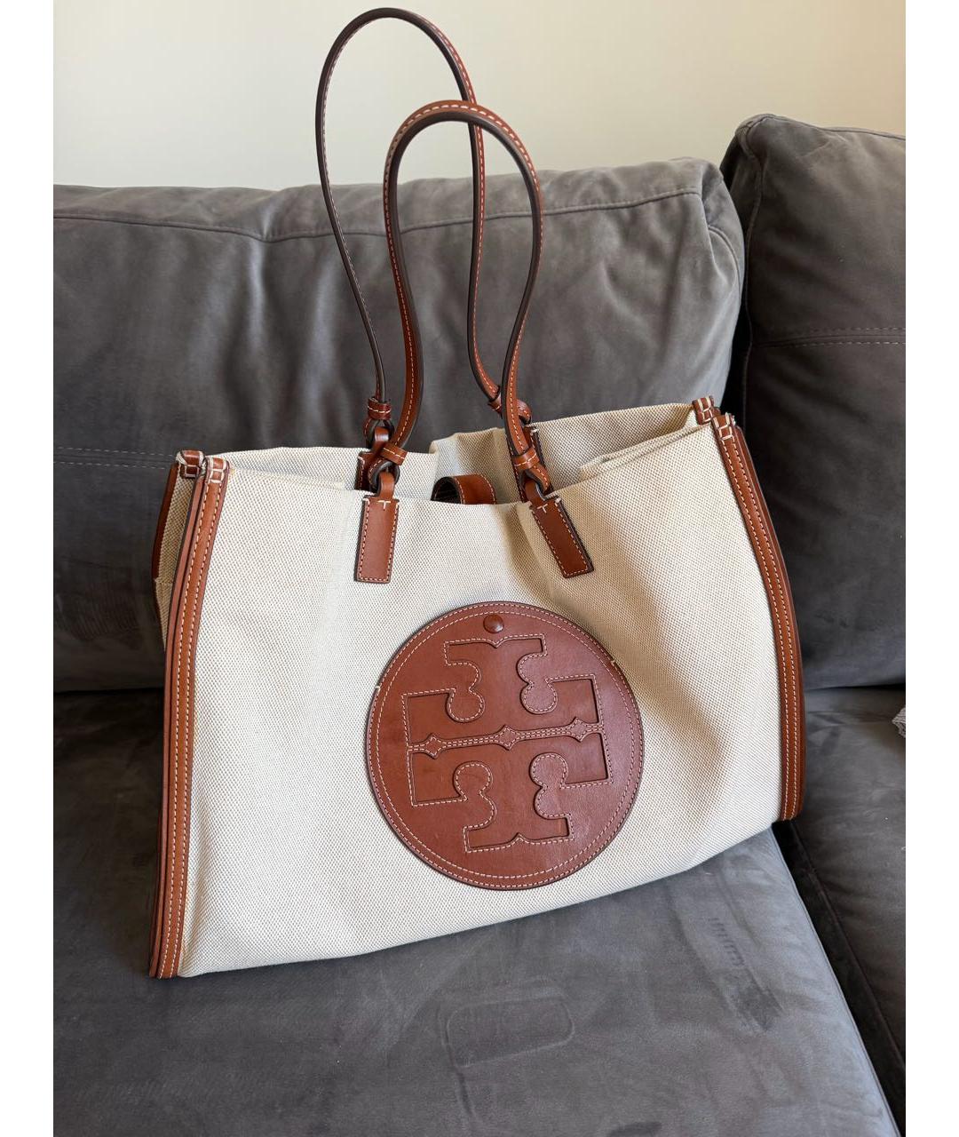 TORY BURCH Бежевая тканевая сумка с короткими ручками, фото 2