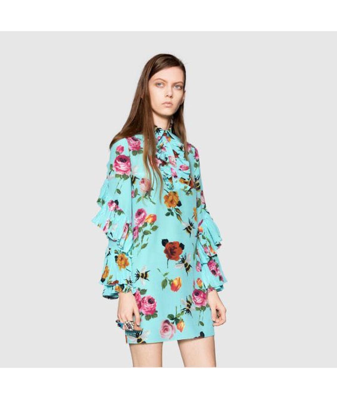 GUCCI Бирюзовое шелковое коктейльное платье, фото 2