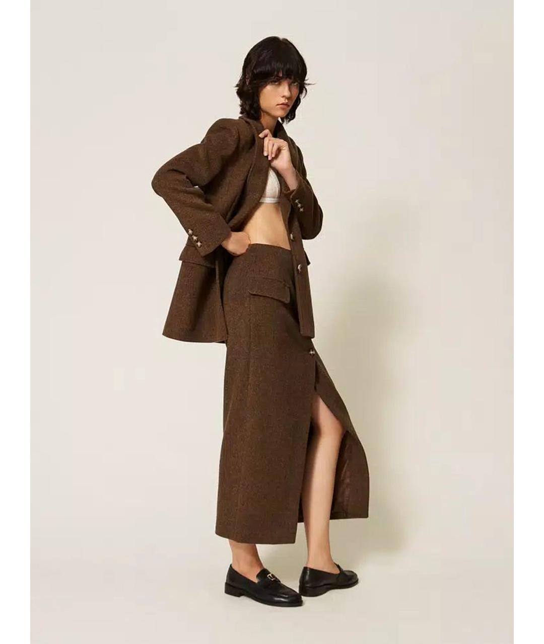 TWIN-SET Коричневая шерстяная юбка миди, фото 3