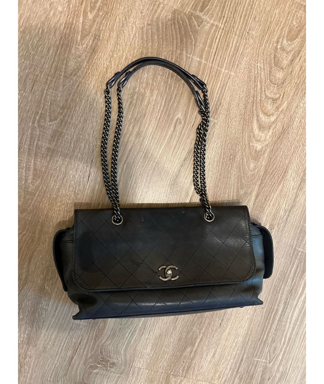 CHANEL PRE-OWNED Темно-синяя кожаная сумка с короткими ручками, фото 9