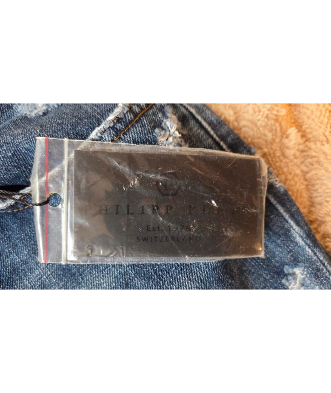 PHILIPP PLEIN Синие хлопко-полиэстеровые прямые джинсы, фото 5