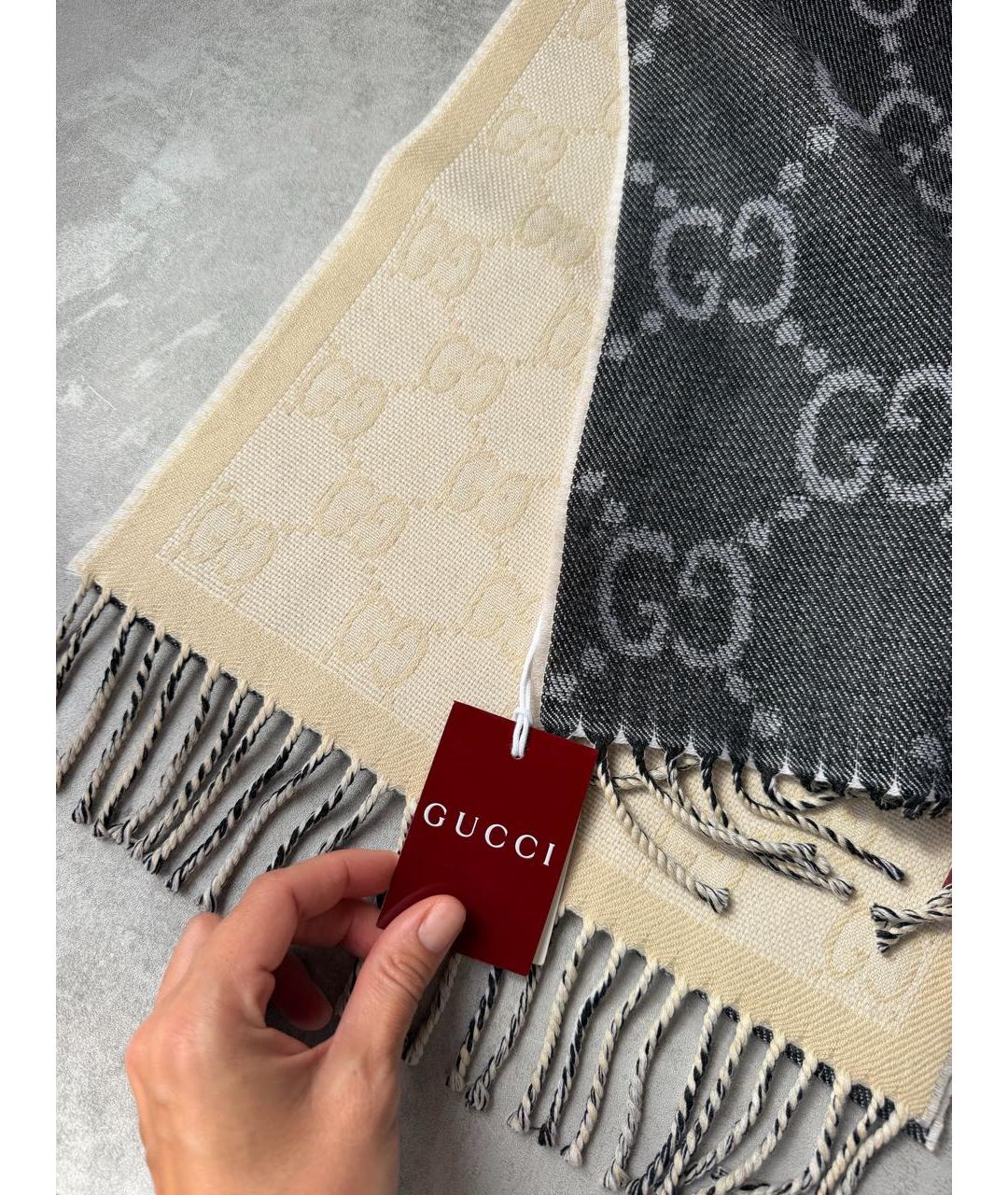 GUCCI Серый шерстяной шарф, фото 2