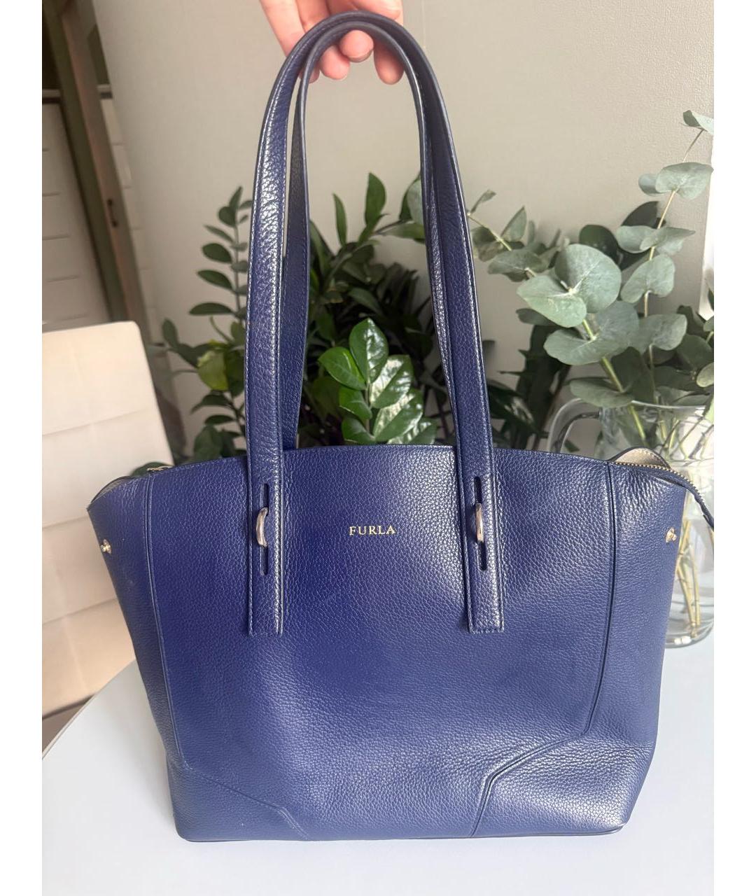 FURLA Темно-синяя кожаная сумка тоут, фото 9