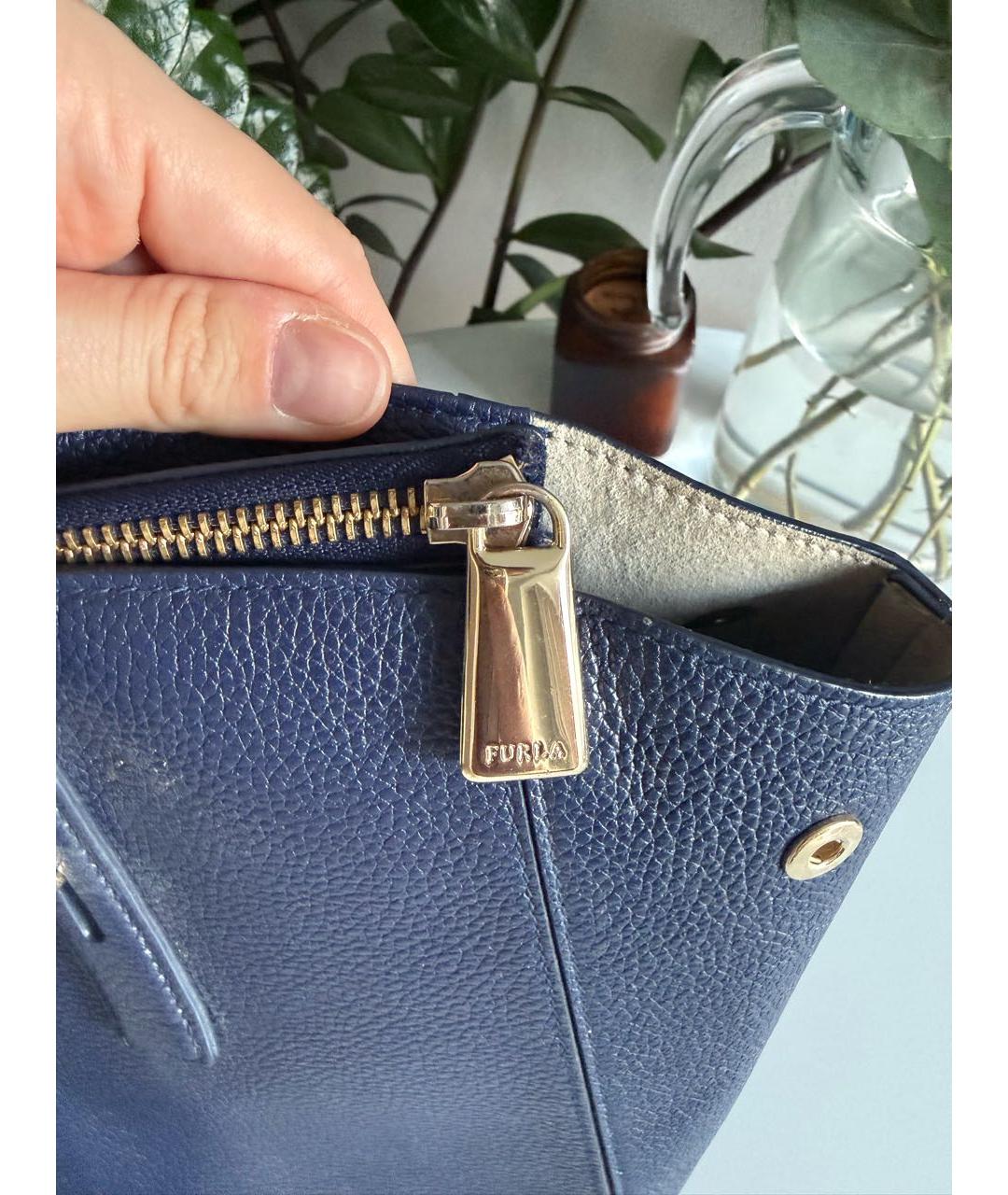FURLA Темно-синяя кожаная сумка тоут, фото 4