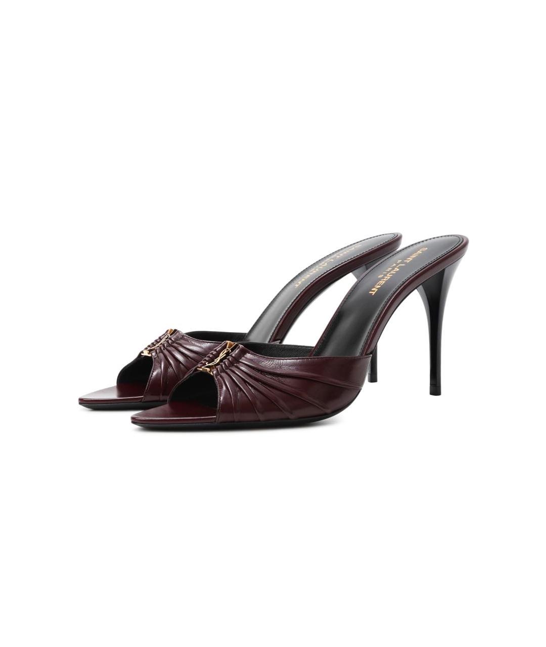 SAINT LAURENT Бордовые кожаные сабо, фото 4