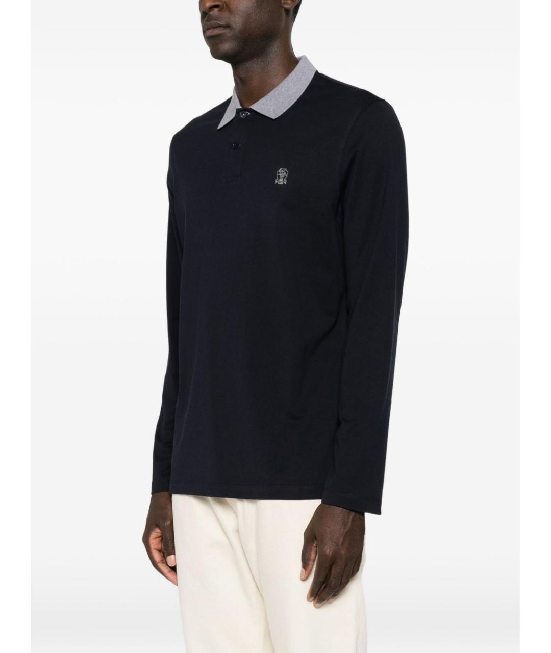 BRUNELLO CUCINELLI Темно-синее хлопковое поло с длинным рукавом, фото 4