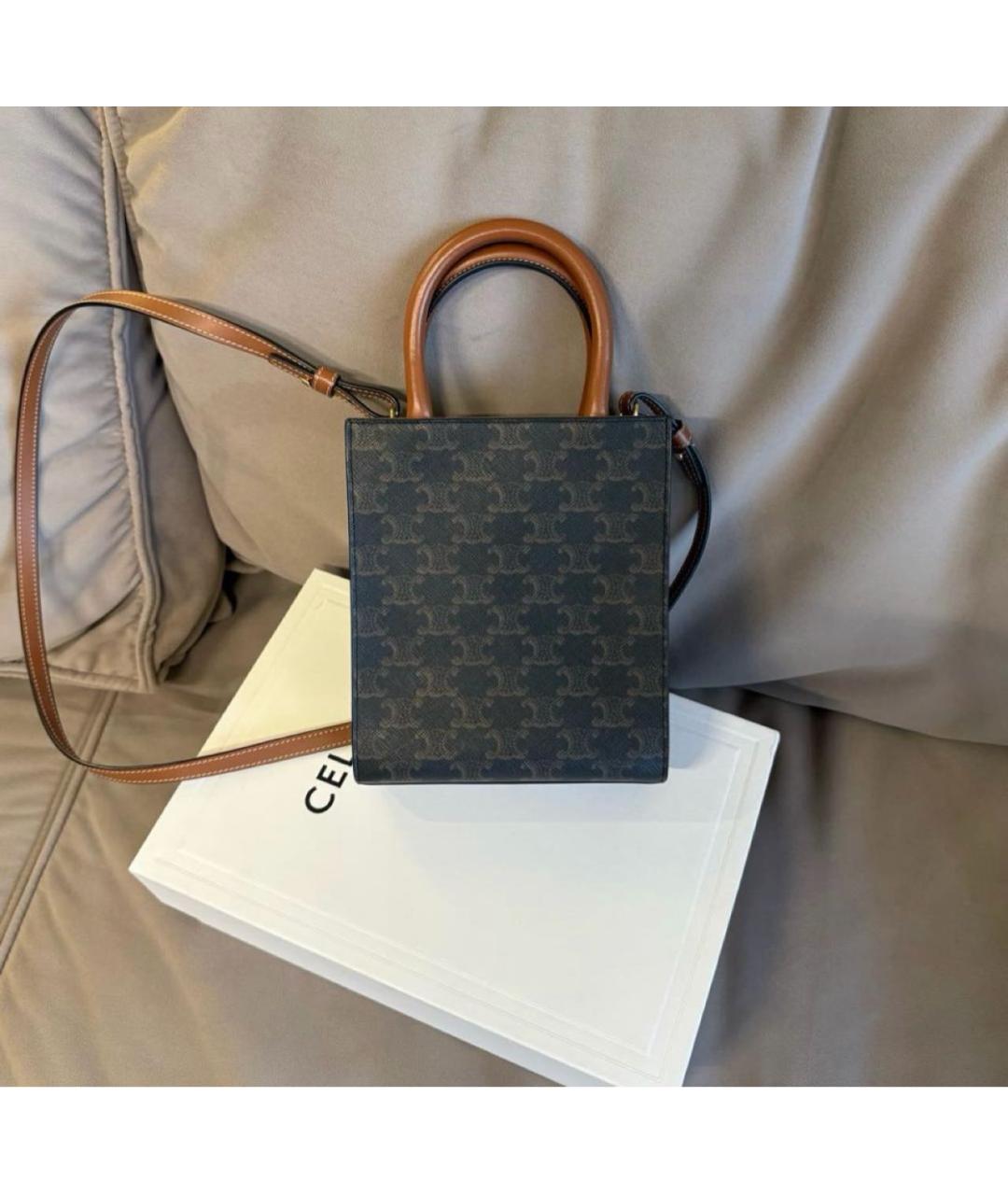CELINE Коричневая сумка с короткими ручками из канвы, фото 3