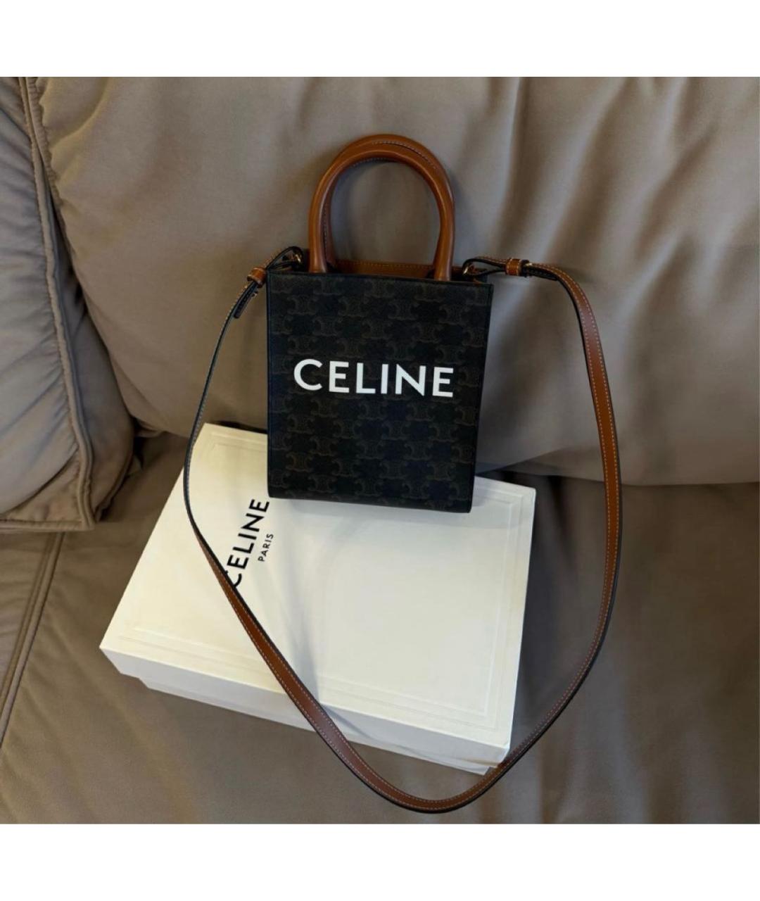 CELINE Коричневая сумка с короткими ручками из канвы, фото 2